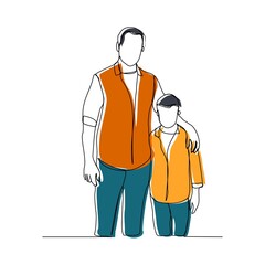 Continuous line drawing of happy family dad, and child walking together. Vector illustration