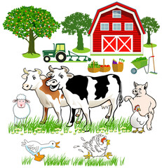 freundliche Landwirtschaft mit Kühe und schweine, Hühner