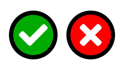 Set of Yes and No or Right and Wrong or Approved and Rejected Icons with Check Mark and Cross Symbols in Green and Red Circles. Vector Image.
