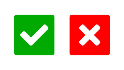 Yes and No or Right and Wrong or Approved and Declined Icons with Check Mark and Cross Signs in Boxes. Vector Image.
