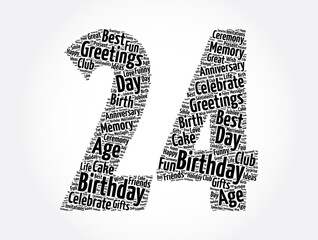 Happy 24th birthday word cloud, holiday concept background