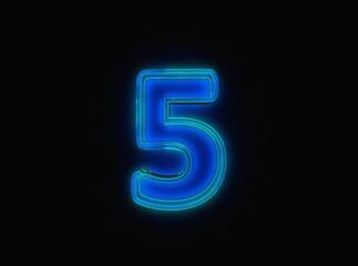 Blue - green neon light glow glass made transparent font - number 5 isolated on black background, 3D illustration of symbols