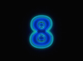 Blue - green neon light glow glassy transparent alphabet - number 8 isolated on black background, 3D illustration of symbols