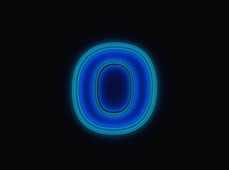 Blue - green neon light glow reflective clear alphabet - letter O isolated on black background, 3D illustration of symbols