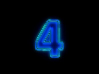 Blue - green neon light glow reflective crystal alphabet - number 4 isolated on black dark, 3D illustration of symbols