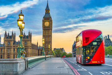 Big Ben clock tower at sunset in London. England