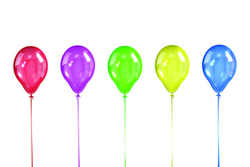 Set of five colored transparent balls isolated on white background. Red pink green yellow and blue ball. Colored balloons for Birthday. Vector illustration