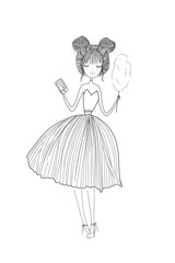 Hand drawn little girl in fluffy skirt and In high-heeled shoes. Beautiful girl, woman.