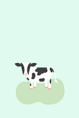 シンプルでかわいい牧草の上に立つ牛のイラスト：年賀状・ハガキサイズ - 2021年の干支・丑年・水色背景