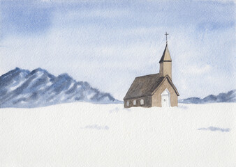 Watercolor painting with wooden Catholic church and blue mountains. Hand drawn peaceful winter landscape. Alpine serene view for interior decoration, card, travel poster. Calm tranquil snowy scenery.