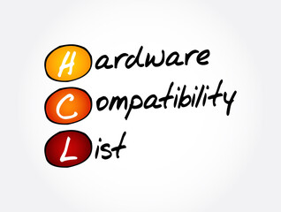 HCL - Hardware Compatibility List acronym, technology concept background