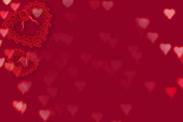 Fototapeta na wymiar Valentines Day background, red heart shaped rose wreath and bokeh, frame, copy space