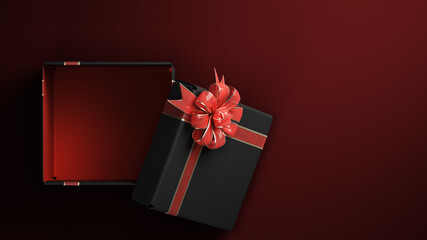 open empty black Gift Boxe whith red ribon 3d render on darck red background