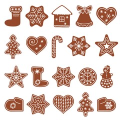 Set with gingerbread cookies of different shapes. Christmas holiday cookies. Vector illustration