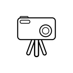 Camera with tripod icon on white background. Vector illustration in flat cartoon design. Use for webpage, banner, poster, app , graphic. 