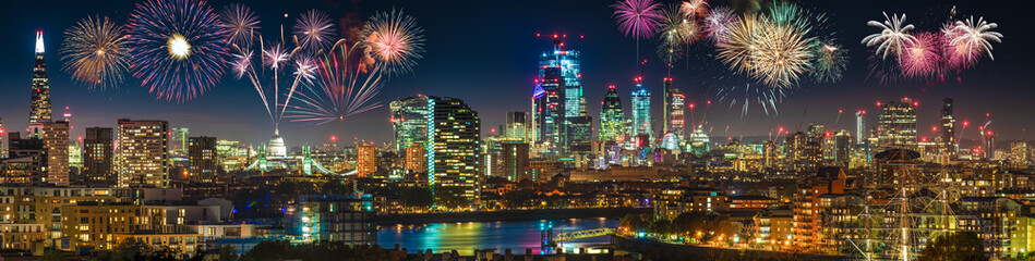 London skyline panorama with fireworks display 