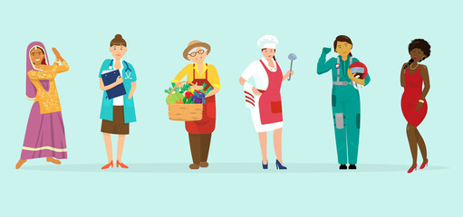 Vector set of women of different races and professions. Dancer, doctor, gardener, chef, aviator, singer.