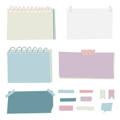 Stickers and note papers collection. Different scraps of paper stuck by sticky tape. Vector illustration.