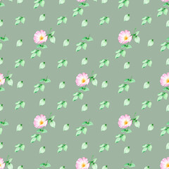 Watercolor seamless floral pattern with Rosehip (wild rose) flower with green leaves.On pistachio background.For wrapping paper,fabrics,textiles,wallpaper,cards,printables and others projects.