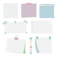 Paper torn page notes. Papers of different size glued to wall with tape. Vector