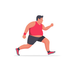 Fototapeta na wymiar The fat man is running. Healthy lifestyle. Fat man jogging. Loss of excess weight. Fitness and sports. Nutrition and health template. Vector illustration flat design. Isolated on white background.
