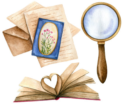 Watercolor illustration: open book, magnifying glass and old letters. 