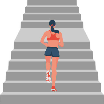 Fitness woman runner in training. The girl runs up the steps. Athlete runs upstairs. Back view woman in a tracksuit. Active lifestyle. Vector illustration flat design. Athletic body. Intense workout