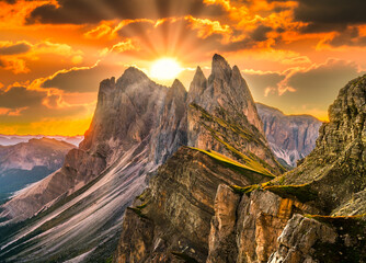 Amazing sunset view of Seceda peak. Trentino Alto Adige, Dolomites Alps, South Tyrol, Italy, Europe