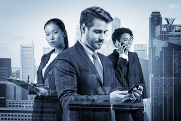 Group of successful smiling businesspeople in suits using smart phone and thinking how to tackle the problem, new career opportunities, MBA. Singapore on background. Double exposure.