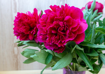 pink red peonies in wicker basket on wooden background