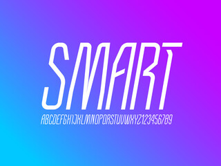 Technical white high font, condensed tall modern alphabet, trendy italic uppercase Latin letters from A to Z and Arab numbers from 0 to 9 for you designs, vector illustration 10EPS