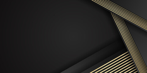 Black and gold abstract background. Modern abstract black background with gold line composition. Luxurious dark black with golden line background
