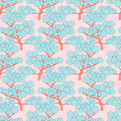 Doodle forest seamless vector pattern. Fantasy trees illustration background.
