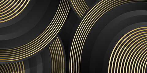 Gold and black abstract background with golden circle lines