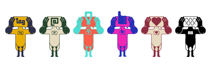 Six stylized characters with the concept of getting information through the screen.