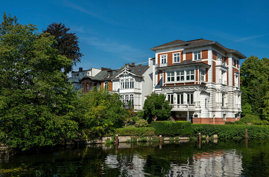 Luxury villas and real estate on the Alster in the Winterhude district of Hamburg, Germany