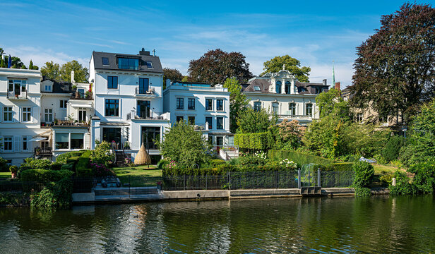 Luxury villas and real estate on the Alster in the Winterhude district of Hamburg, Germany