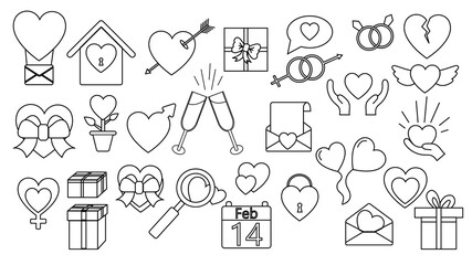 A set of large black and white linear simple icons of beautiful hearts, gifts, envelopes, love items for the feast of love Valentine's Day February 14 or March 8.  illustration