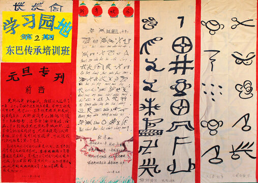 LIJIANG, CHINA, MARCH 12, 2012: Poster promoting study of Dongba symbols, ancient system of pictographic glyphs used by Naxi people in southern China.