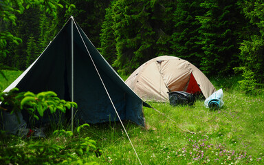 Two tents in a campsite on a meadow in Lotru Mountains. The meadow is surrounded by spruce and fir forests. Camping is a fun outdoor activity during summer in the wilderness of Carpathian Mountains.