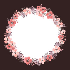 Fototapeta na wymiar A wreath of watercolor flowers with an empty space for text inside and a dark brown background outside. Watercolor natural illustration for a website, invitation, cover, and more.