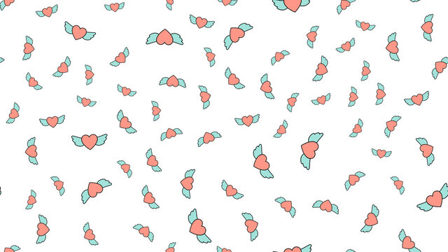 Texture endless seamless pattern from flat icons of hearts with wings, love items for the holiday of love Valentine's Day February 14 or March 8 on a white background. illustration