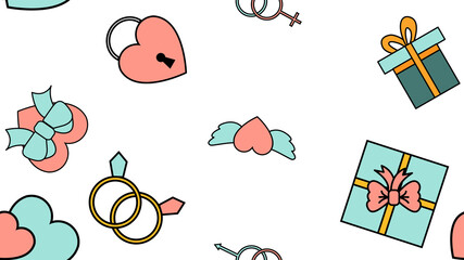 Texture seamless pattern from a set of love items with hearts and gifts for the holiday of love Valentine's Day February 14 or March 8 on a white background. illustration