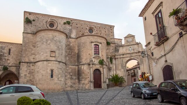 Calabria, Italy - time lapse Cathedral and byzantine church of Haghia Kyriake in village Gerace  during a sunny cloudy day