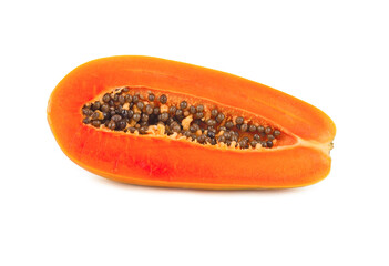 half cut of ripe papaya with seeds on white background