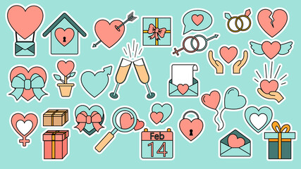 Set of big simple flat icon stickers of beautiful hearts, gifts, envelopes, love items for the holiday of love Valentine's Day February 14 or March 8 on a blue background. illustration