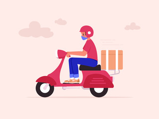 Fototapeta na wymiar Courier on a scooter wearing protective mask. Online delivery service during covid-19 coronavirus pandemic quarantine and lockdown concept vector flat illustration.