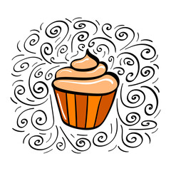 Hand drawn cupcake with decoration. Vector illustration.