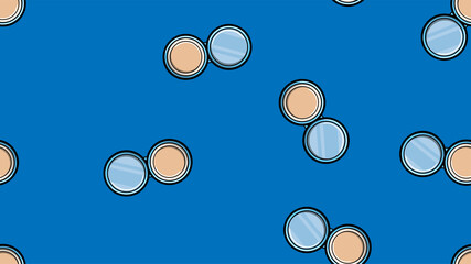 Texture endless seamless pattern of beautiful fashionable glamorous round powder boxes with a mirror to inspire beauty, isolated on a blue background. illustration