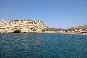 Fototapeta na wymiar The famous beach of Matala in the south of Crete, Greece